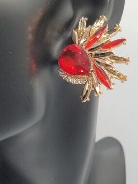 Vintage Red Gold Rhinestone Earrings Sparkle Statement Ballroom Pierced Earrings